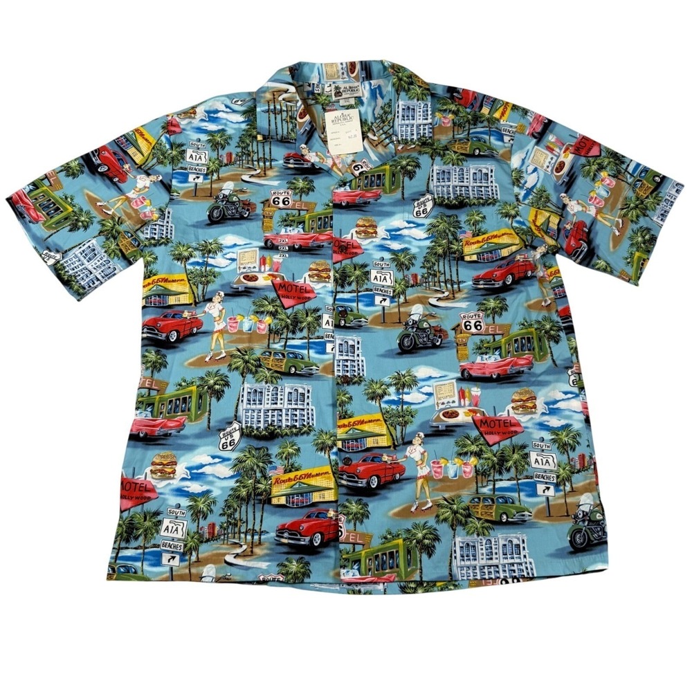 Aloha Republic Mens 2XL Route 66 Retro Americana Hawaiian Shirt Made in Hawaii